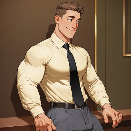 masterpiece, best quality, absurdres, newest, perfect quality, best quality, absolutely eye-catching, detailed background, intricate details, 1boy, male, male focus, solo, mature, brown hair, short hair, black eyes, yellow shirt, long sleeves, black tie, collared shirt, belt, grey pants, bara, muscular, large pectorals, large biceps looking away, side view, smile, very awa, absurdres, newest, perfect quality, detailed background, intricate details, (artist:rokudenashi:0.8), (artist:dizdoodz:0.7), (artist:gomtang:0.6)