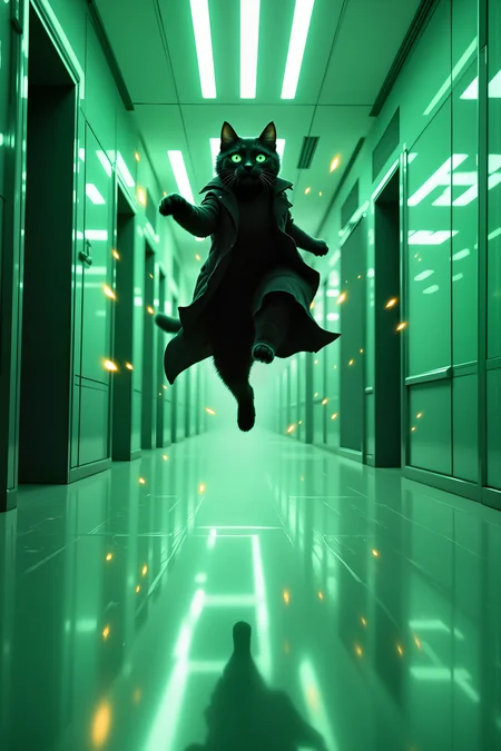 The Matrix, but All Characters are Cats â In the stark, green-tinged office hallway, a sleek black cat in a tiny trench coat leaps gracefully into the air, dodging bullets that streak past in slow motion. Its feline body twists with impossible precision, each bullet leaving a rippling distortion in the air behind it. The suited agentsâtall, imposing tabby cats with dark sunglasses perched on their whiskered nosesâstand at the end of the hall, their paws gripping tiny pistols with perfectly steady aim. The walls are a sterile, fluorescent-lit white, but faint scratch marks and tufts of fur litter the floor, revealing the battle that has already taken place. As the airborne cat completes its mid-air spin, its emerald-green eyes flash with defiance, reflecting the binary code subtly scrolling across the glassy floor beneath it. The scene is frozen in time, a moment of impossible elegance and absurd feline grace. , detailed background  Fantastic lighting. Detailed shadows.intricate details, vivid colors, hyper-detailed, ultra-sharp, , <lora:aidmaImageUpgrader-FLUX-V0.2:0.5><lora:PinkieFluxProUltraFantasia><lora:FluxDFaeTasticDetails:0.7>