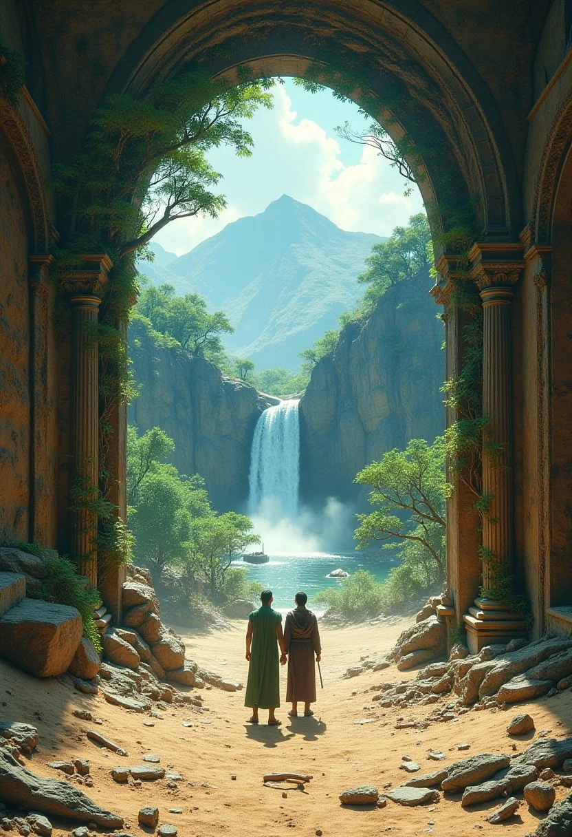a portal opens inside a barren wasteland, in the portal lies a lush landscape, trees mountains and waterfalls, outside the portal lies a dry barren wasteland, filled with sand and bones, 2 men stand outside