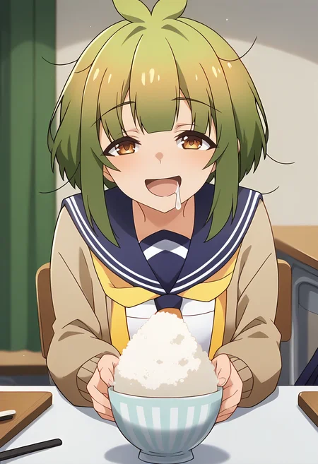 score_9, score_8_up, score_7_up, source_anime, masterpiece, 1girl, ct_bashame, brown cardigan, puffy sleeves, serafuku, blue sailor collar, yellow neckerchief, indoors, sitting, table, pov across table, rice bowl, drool,  shiny skin, chopsticks, rice on face, smile, <lora:Bashame_Meme_pony_ct_ver2:1>