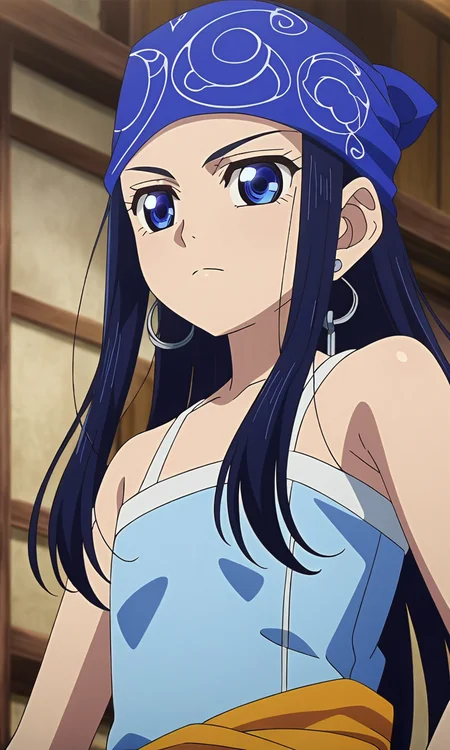 anime artwork Asirpa, blue hair, blue eyes, long hair,blue bandana, ear piercing,petite,flat chested,masterpiece,best quality,8k highres,detailed . anime style, key visual, vibrant, studio anime, highly detailed