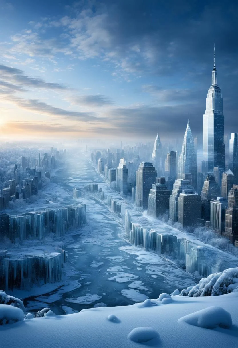 (masterpiece),
a landscape of New York frozen,
new ice age, dim light, snow , ice, below zero,
fantasy, everything is frozen,