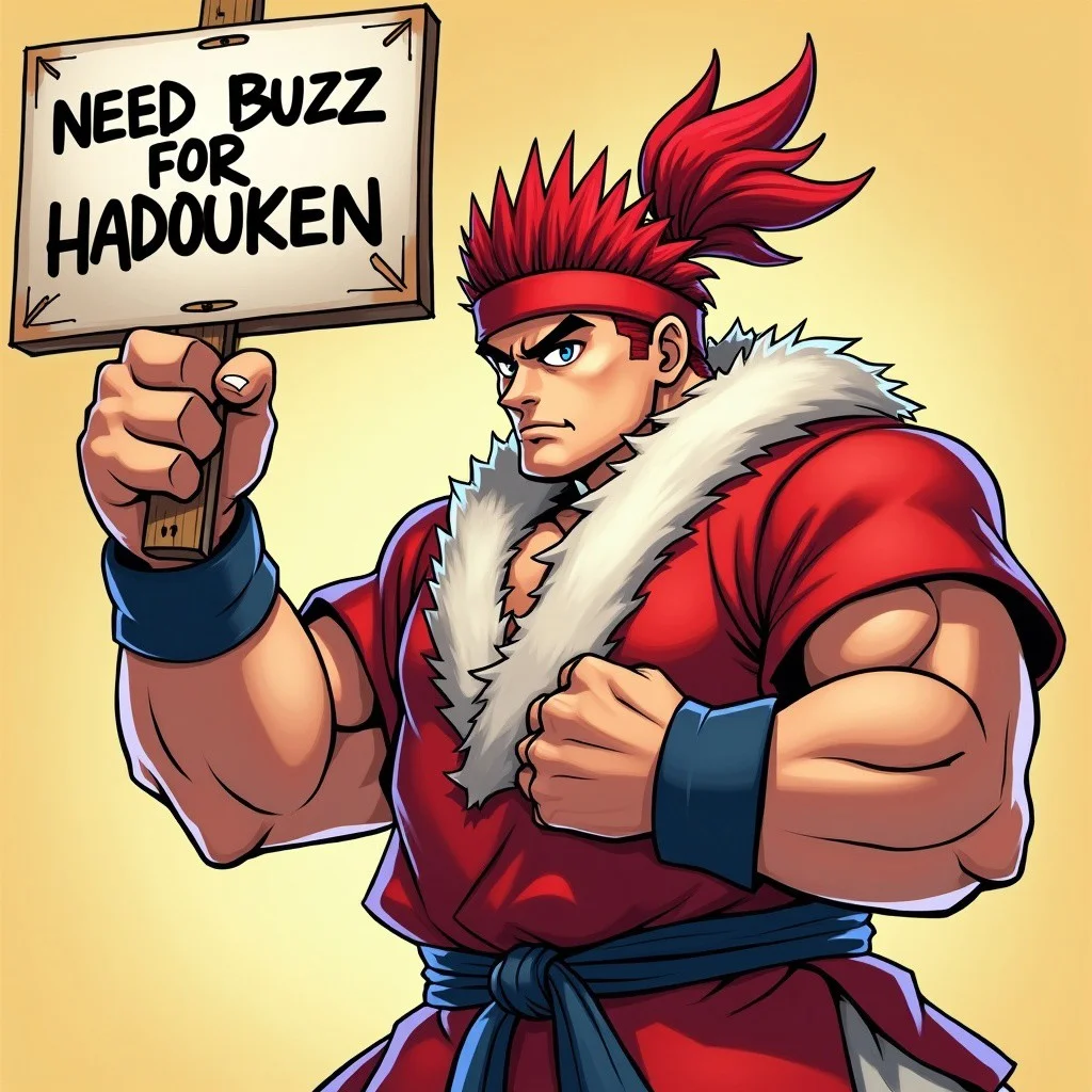 ryu from street fighter holding a sign says on that "need buzz for hadouken",anime style