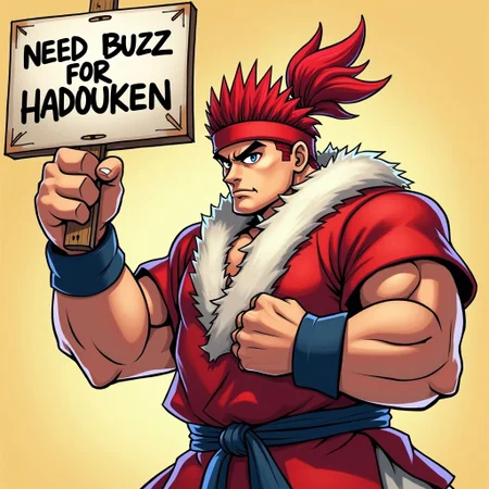 ryu from street fighter holding a sign says on that "need buzz for hadouken",anime style