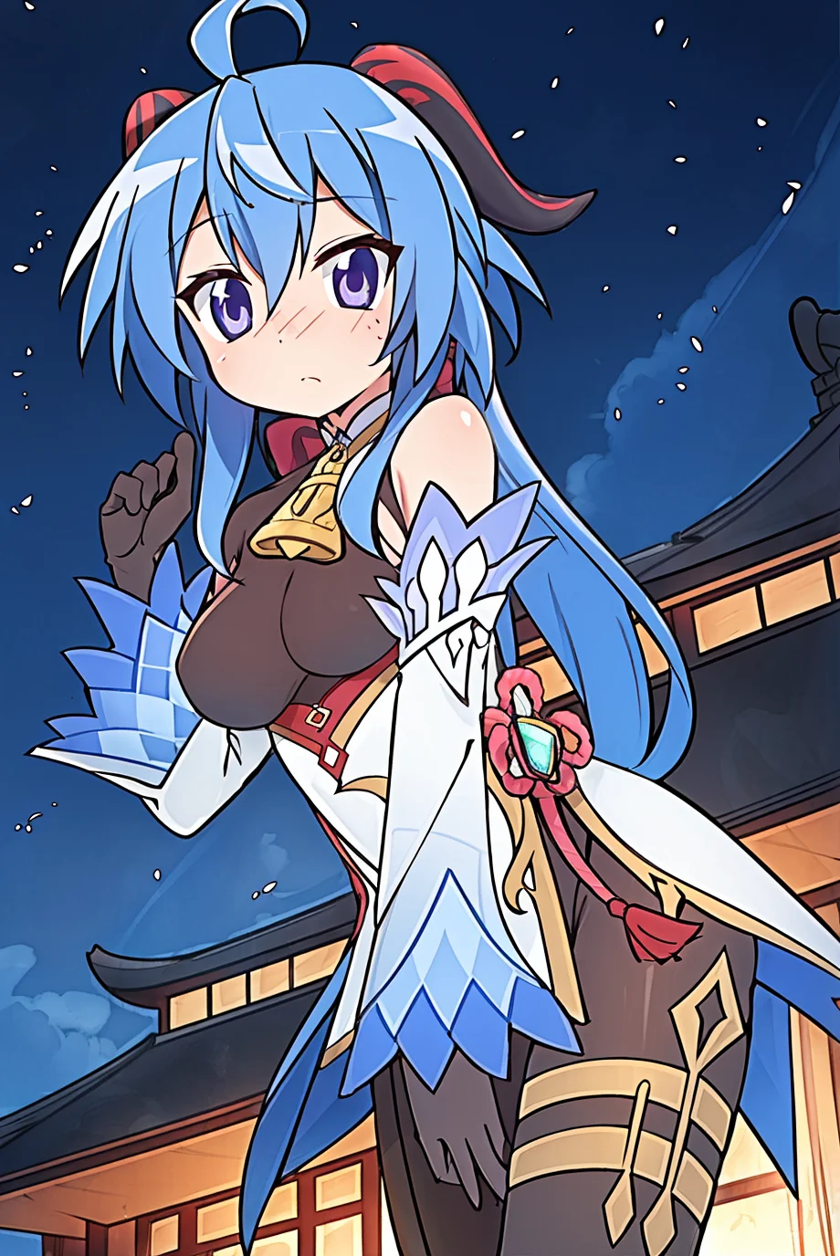 lucky star, ganyu \(genshin impact\), 1girl, ahoge, architecture, bangs, bare shoulders, bell, black gloves, black pantyhose, ((blue hair)), blush, breasts, chinese knot, detached sleeves, east asian architecture, flower knot, gloves, horns, long hair, looking at viewer, medium breasts, neck bell, night, outdoors, pantyhose, purple eyes, sidelocks, solo, tassel, white sleeves, ((masterpiece)) <lora:ganyu_ned2_offset:1> <lora:lucky_star_offset:1>