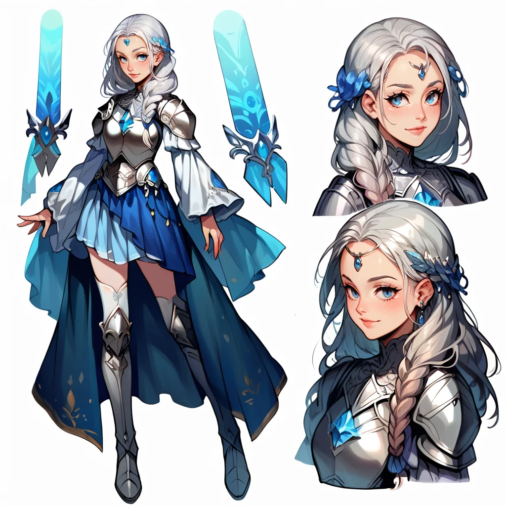 score_9, score_8_up, 1girl, solo, CharacterDesignXL, (CharacterSheet:1), reference sheet, (full body, from side, front:1.1), upper body, simple white background, single-braid platinum hair, blue eyes, silver armor breastplate, short blue skirt, white thigh-high boots, white poofy sleeves <lora:XLPCharacterDesign_Concept-10V2:0.8> <lora:fantasy_world_pony:0.9> <lora:neoartcore-lora03C_PonyXL:0.8>
