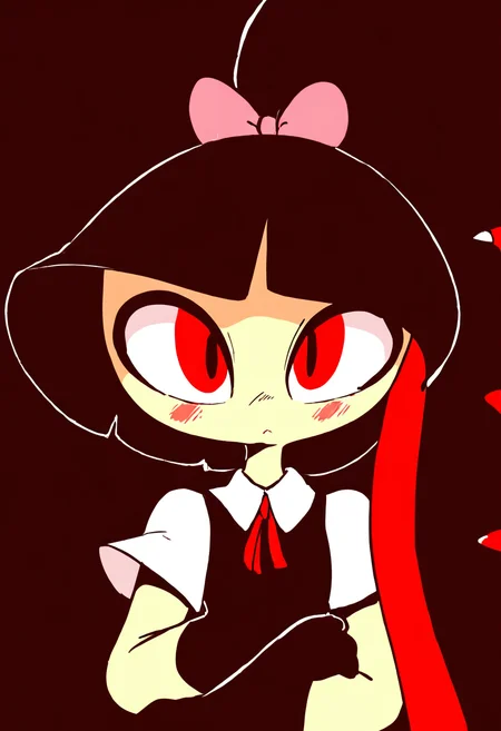 masterpiece, best quality, 1girl, solo, eyelashes, (beautiful eyes), Gaghiel (diives), nintendo, pokemon, pokemon species, gen 3 pokemon, mawile, 1girl, anthropomorphization, bangs, black gloves, blunt bangs, bow, black hair, gloves, hair bow, hair ornament, long hair, looking at viewer, neck ribbon, neckwear, pink bow, ponytail, red eyes, red neckwear, red ribbon, ribbon, shirt, short hair, tied hair, clothing, collared shirt, ,<lora:Diives_NAI:1.0>,