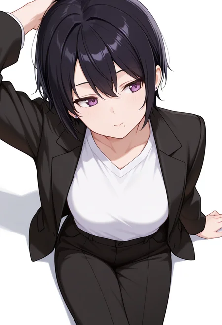 masterpiece,high quality details, absurdres, 
lying on side, one arm supporting head, relaxed legs, soft smile, casual vibe,  ,
<lora:kuro:0.8> kuro_cnr, 1girl,black hair, short hair, purple eyes, mole under mouth, formal, suit, jacket, white shirt,pants, earrings,, o3o,, simple background, white background, from above,solo,