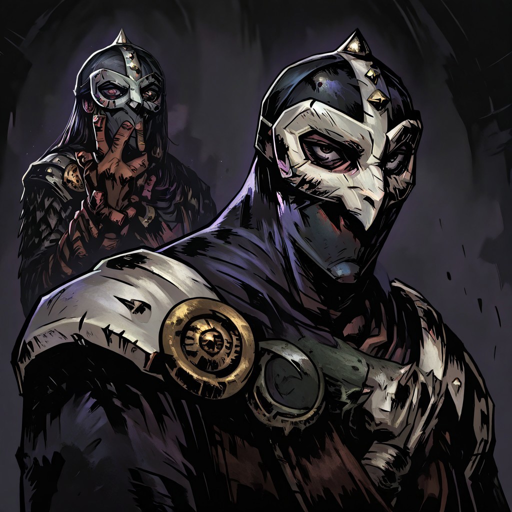 masterpiece, best quality, newest, absurdres, highres, DDstyle, official style, TTCSV1.0, black eyes, shaded eyes, 
1boy, DDBH-V1.1, mask, helmet, armor, shoulder armor, spikes,
