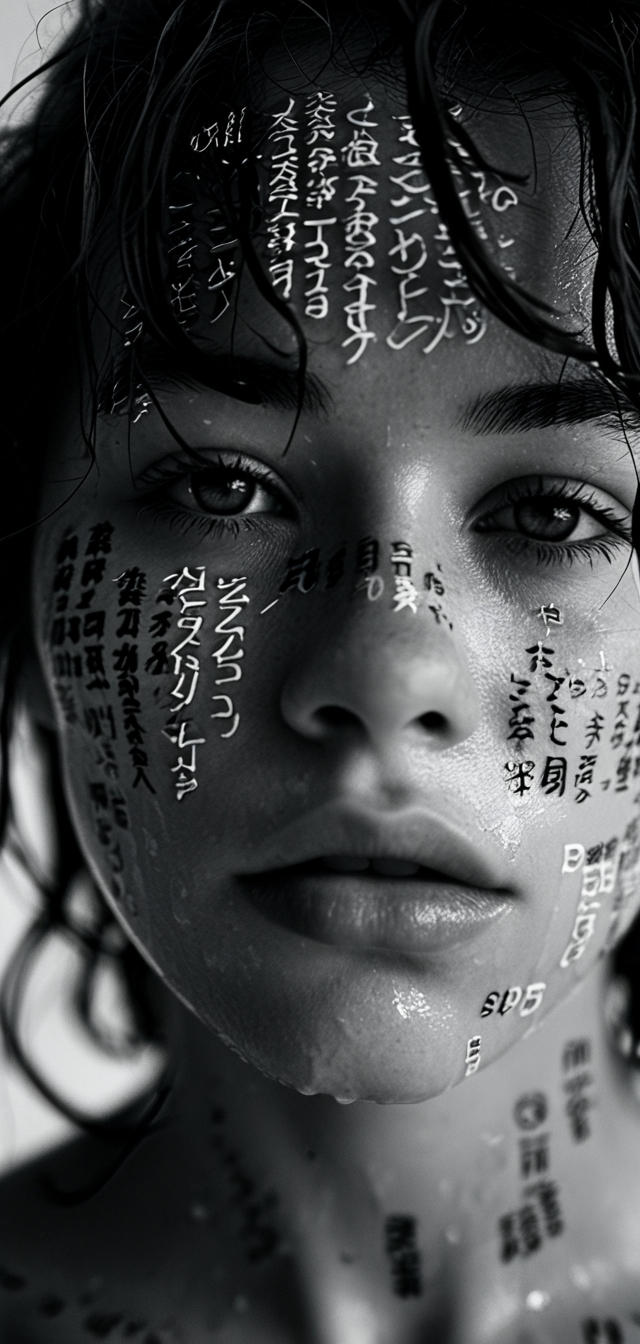 Black and white artistic portrait of a young model woman with fair skin, ((his face completely covered entirely in tiny Japanese texts printed from top to bottom, like journalistic-style text embedded in his skin)). Her dark, wet, wavy hair falls messily around her face. She has expressive eyes, looking slightly to the side, soft lips slightly parted. The background is clean and white, the lighting is soft and diffused, giving the scene a poetic, mysterious, and ethereal mood. High detail, realistic, fine art photography style.
<lora:dmd2_sdxl_4step_lora:1>  
<lora:epiCRealismXL-KiSSEnhancer_Lora:2>  
 <lora:MJ52:.6>
 <lora:MJ52_v2.0:.6>