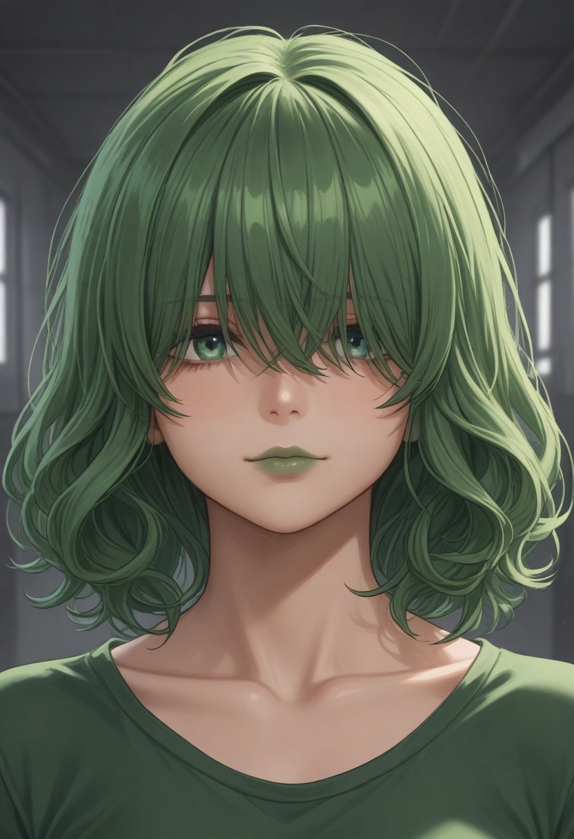 1girl, solo, solo focus, highres, absurdres, CL_Levit, long bangs, hair over eyes, green hair, lipstick, shiny lips, green lips, short hair, wavy hair, tiny hat, mole under mouth, 
looking at viewer, closed mouth, light smile, close-up, face focus, collarbone, green shirt, 
factory, industrial pipe, stasis tank, dark,