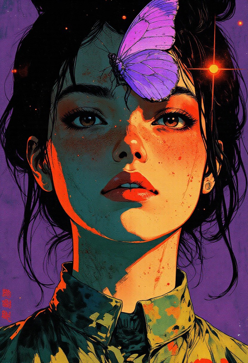 (in the style of cksc,, HQ, high quality, highly detailed, 8k, photographic, hyper realistic, cinematic): A close-up scene of a woman with a fair complexion and dark hair styled in a high bun, with a few strands softly framing her face. Her eyes are closed, accentuated by long, dark eyelashes, and her lips are subtly downturned, giving her a calm yet intense expression. A large, vivid violet butterfly rests delicately on her forehead, adding a surreal and whimsical element to the composition. Her face is illuminated by a striking gradient of deep teal and warm amber, with teal highlighting the lower half and amber casting a soft glow across the upper half. Her skin appears smooth and glossy, shaped by dramatic shading and luminous highlights. The background is a solid, muted mauve, enhancing the contrast of the colors and drawing focus to her face and the butterfly. She wears a minimalist outfit with a high collar and a faint, indistinct pattern, barely visible due to the tight framing and central focus on her face. The overall mood is vibrant, surreal, and visually arresting.