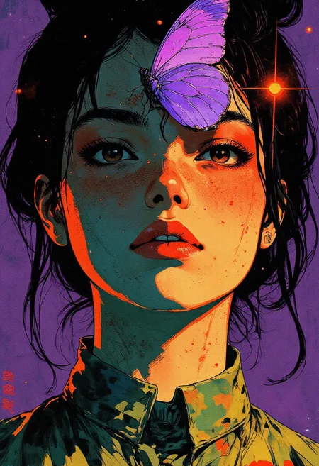(in the style of cksc,, HQ, high quality, highly detailed, 8k, photographic, hyper realistic, cinematic): A close-up scene of a woman with a fair complexion and dark hair styled in a high bun, with a few strands softly framing her face. Her eyes are closed, accentuated by long, dark eyelashes, and her lips are subtly downturned, giving her a calm yet intense expression. A large, vivid violet butterfly rests delicately on her forehead, adding a surreal and whimsical element to the composition. Her face is illuminated by a striking gradient of deep teal and warm amber, with teal highlighting the lower half and amber casting a soft glow across the upper half. Her skin appears smooth and glossy, shaped by dramatic shading and luminous highlights. The background is a solid, muted mauve, enhancing the contrast of the colors and drawing focus to her face and the butterfly. She wears a minimalist outfit with a high collar and a faint, indistinct pattern, barely visible due to the tight framing and central focus on her face. The overall mood is vibrant, surreal, and visually arresting.