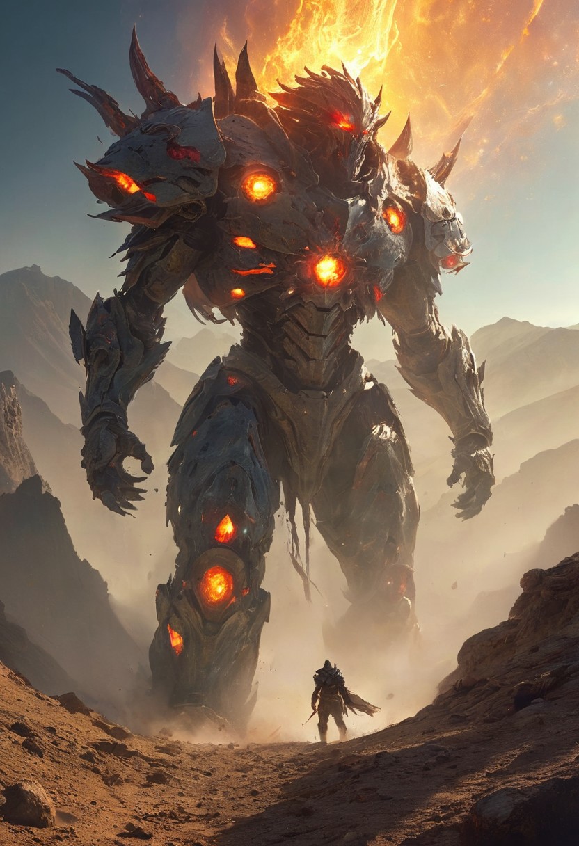 A hero shot of a wandering glorious archangel in glowing armor and a tattered backlit cape and wielding a ponderous sword, with focus on an extremely detailed panoramic background view of a vast desert with towering dunes, swirling sand and dust in the wind, snowcapped mountains in the distance, and megastructures on the horizon. Intriguing, stunning, gorgeous, mysterious, undiscovered, terrifying, epic, sci-fi, fantasy scene. Semirealistic, mixed media, ultra-detailed, ray-traced, award-winning, light leaks, lens flare, volumetric light scattering, high contrast, implied motion, deep depth of field, colorful, complementary colors, color graded, (visual flow by Ian Plant:1.3), (details by Greg Rutkowski:1.2)