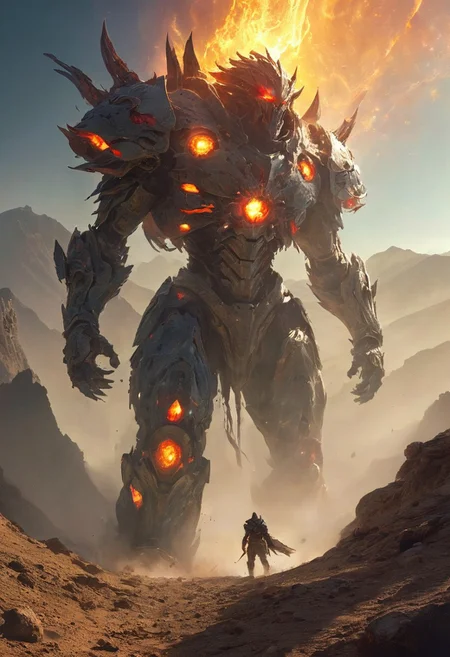 A hero shot of a wandering glorious archangel in glowing armor and a tattered backlit cape and wielding a ponderous sword, with focus on an extremely detailed panoramic background view of a vast desert with towering dunes, swirling sand and dust in the wind, snowcapped mountains in the distance, and megastructures on the horizon. Intriguing, stunning, gorgeous, mysterious, undiscovered, terrifying, epic, sci-fi, fantasy scene. Semirealistic, mixed media, ultra-detailed, ray-traced, award-winning, light leaks, lens flare, volumetric light scattering, high contrast, implied motion, deep depth of field, colorful, complementary colors, color graded, (visual flow by Ian Plant:1.3), (details by Greg Rutkowski:1.2)