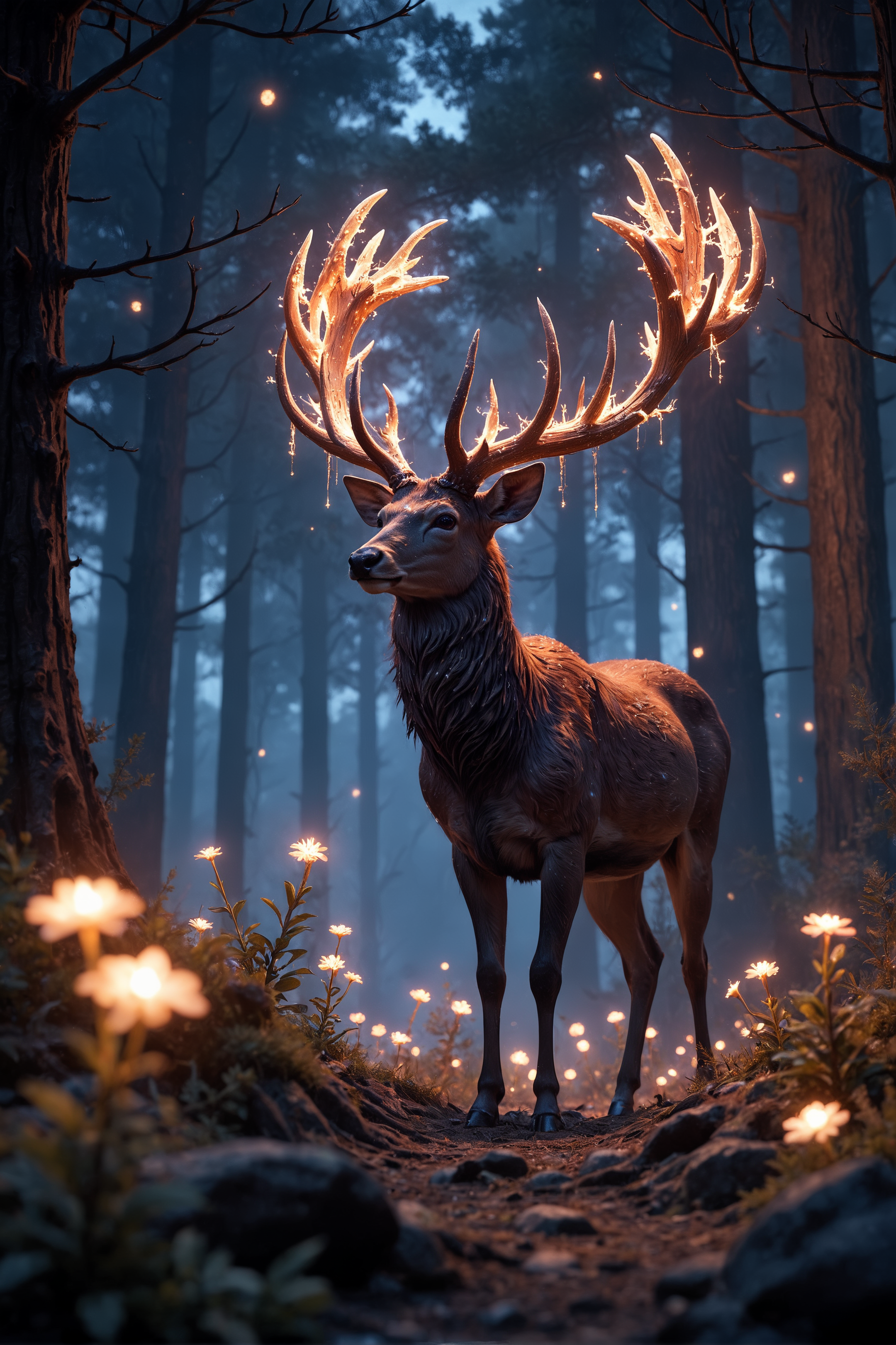 macro photography,  A Deer with great glowing antlers decorated in glowing magical runes standing in a dense forest with illuminated flowers on a magical dark night, glowing particles in the air, enchanted forest, vibrant, sharp, extreme details, 8k <lora:add-detail-xl:1> <lora:MJ52:0.5> <lora:sss:0.5>