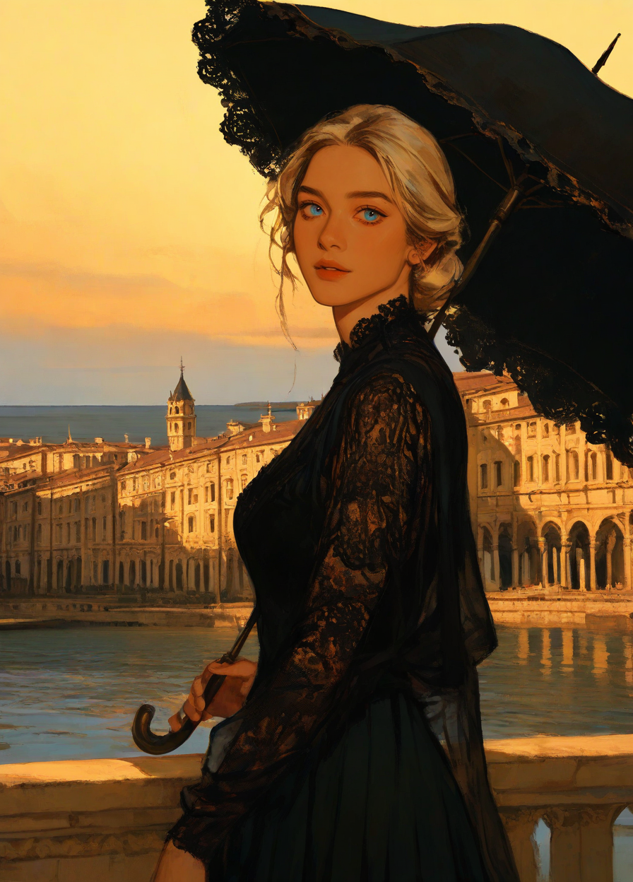 masterpiece, best quality, amazing quality, highres, absurdres, very aesthetic, 
BREAK, 3l3ganc3, semi-realism,1girl, solo, 
looking at viewer, ink art,
1girl, 3l3ganc3, semi-realism, 1woman,3l3ganc3, 1girl, solo, blonde hair,  medium hair, pleated skirt,  blue eyes,  parted lips,  closed mouth, side view, upper body shot, 1girl, lace dress, old european town, stone bridge, river, day, lace parasol, venice italy, (moon light, evening,:1.2)   Delicate depiction, detailed background, Impressive, beautiful, fascinating, attractive, fine detail, perfect, sharp focus, zettai ryouiki upperbody, lower body, yellow black blue background, colorful lines in background.  <lora:Elegence_Ink_svd_dare_add:1>