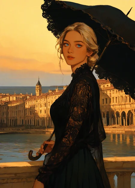 masterpiece, best quality, amazing quality, highres, absurdres, very aesthetic,
BREAK, 3l3ganc3, semi-realism,1girl, solo,
looking at viewer, ink art,
1girl, 3l3ganc3, semi-realism, 1woman,3l3ganc3, 1girl, solo, blonde hair, medium hair, pleated skirt, blue eyes, parted lips, closed mouth, side view, upper body shot, 1girl, lace dress, old european town, stone bridge, river, day, lace parasol, venice italy, (moon light, evening,:1.2) Delicate depiction, detailed background, Impressive, beautiful, fascinating, attractive, fine detail, perfect, sharp focus, zettai ryouiki upperbody, lower body, yellow black blue background, colorful lines in background. <lora:Elegence_Ink_svd_dare_add:1>