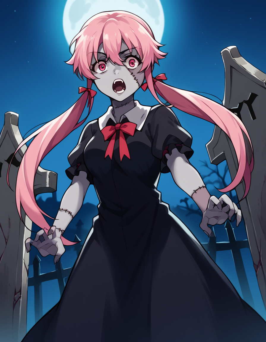 score_9, score_8_up, score_7_up, source_anime, <lora:yuno-gasai-s1-ponyxl-lora-nochekaiser:1>, yuno gasai, long hair, pink hair, pink eyes, sidelocks, ribbon, red ribbon, hair ribbon, twintails, medium breasts, <lora:zombie-ponyxl-lora-nochekaiser:1>, zombie, colored skin, stitches, grey skin, multicolored skin, stitched face, zombie pose, halloween, halloween costume,, night, moon, graveyard, tombstone, grave, open mouth, , dutch angle, cowboy shot