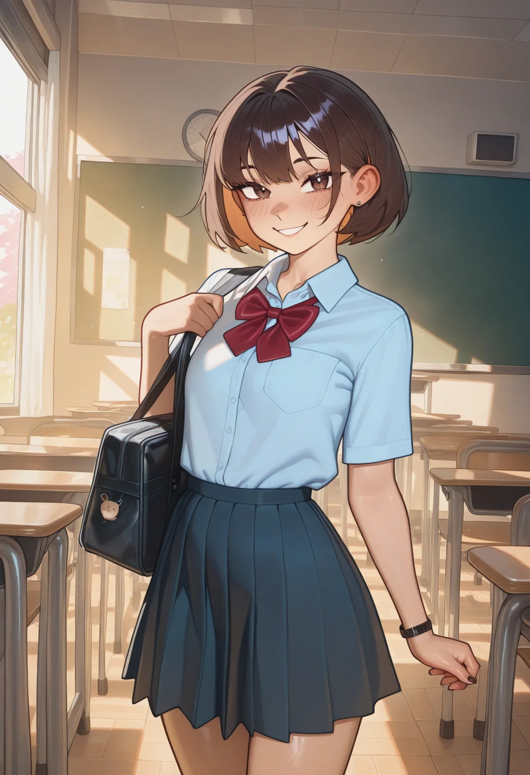 <lora:AshMixVpred_v1Final:0.8> 1girl, school uniform, skirt, blouse, short hair, smile, brown eyes, looking at viewer, classroom, bag
BREAK masterpiece, best_quality, very awa, newest