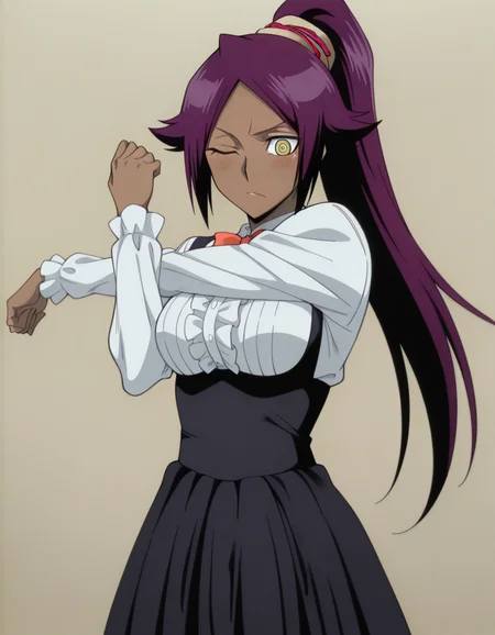 masterpiece, best quality, amazing quality,, <lora:yoruichi-shihouin-anime-illustriousxl-lora-nochekaiser:1>, yoruichi shihouin, shihouin yoruichi, long hair, yellow eyes, ponytail, purple hair, dark skin, dark-skinned female, mature female, medium breasts, anime screencap, <lora:virgin-killer-outfit-illustriousxl-lora-nochekaiser:1>, virgin killer outfit, meme attire, high-waist skirt, center frills, frilled shirt, underbust, aran sweater, frilled shirt collar, red bowtie, frills, skirt,, <lora:cross-body-stretch-illustriousxl-lora-nochekaiser:1>, cross-body stretch, stretching, arm across chest, exercising, cowboy shot, blush, one eye closed, @_@, , , ,
