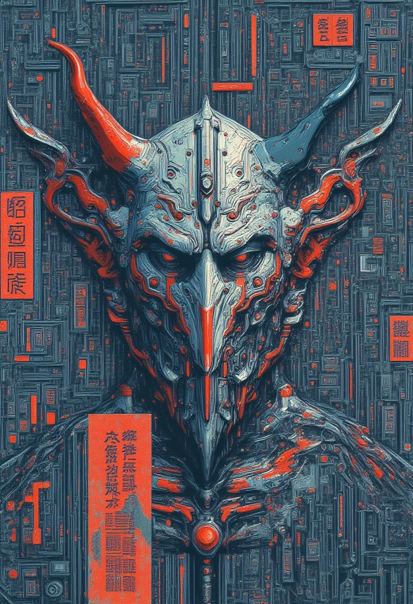 An illustrated image of a cybernetic mask with horns.
lot of gray colors, blue colors, little of red colors, very little of pink colors