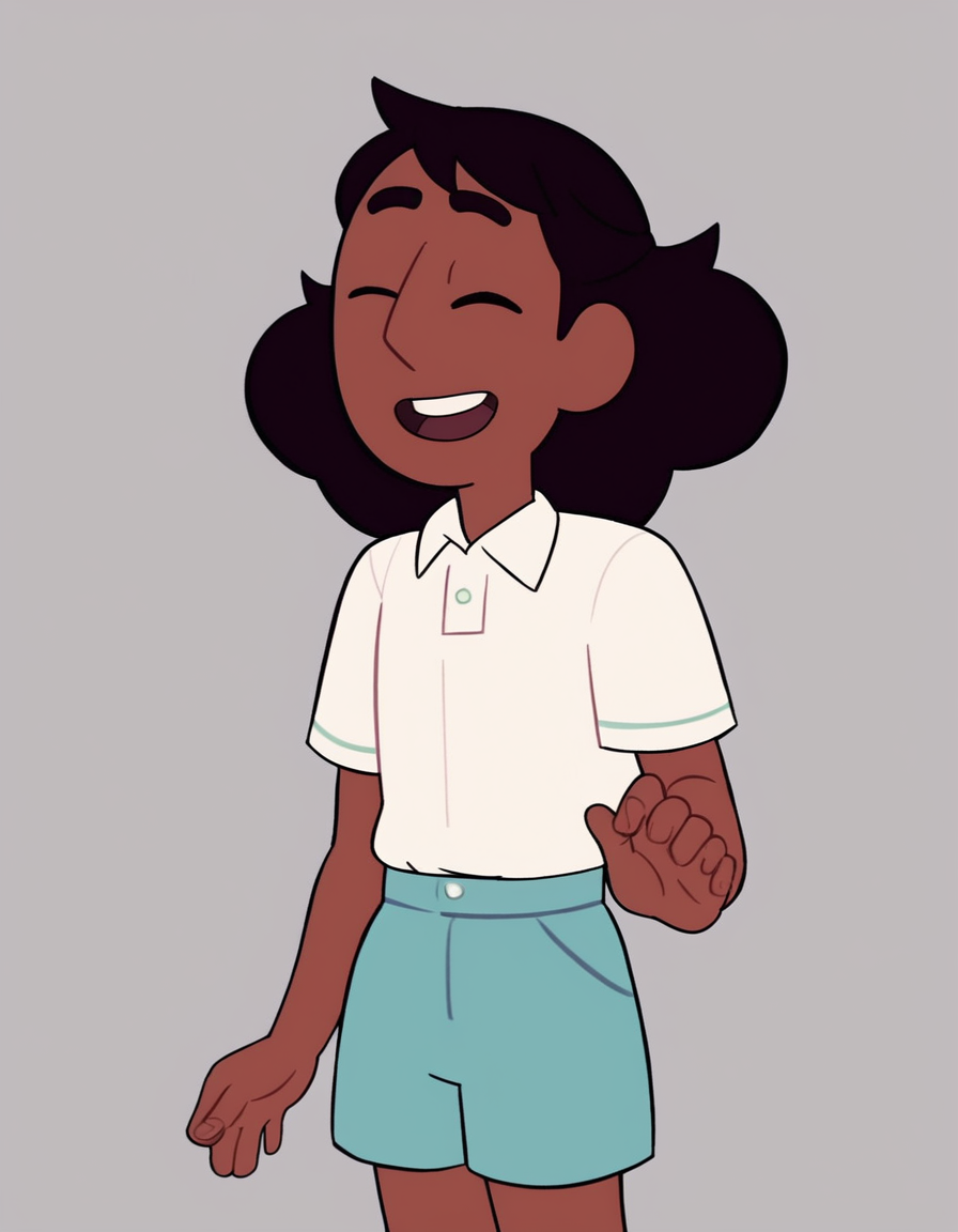 <lora:ConnieMaheswaranPony:1> Connie, solo, blue shorts, short sleeves, smile, closed eyes, white shirt, tied hair, open mouth, collared shirt, shirt tucked in, 1girl, brown hair, dark-skinned female, score_9, score_8_up, score_7_up, score_6_up, score_5_up, score_4_up, looking at viewer, cowboy shot,