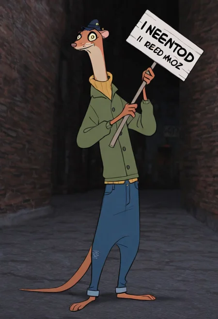 21st century london city background, Solo, male, 39 years old, full body, Templeton, weasel, anthro, civilian, british casual clothing, cap, sweater, Backer harrington jacket, jeans, holding sign, buzz, holding a sign that says "i need a more buzz", need_buzz, holding sign,
