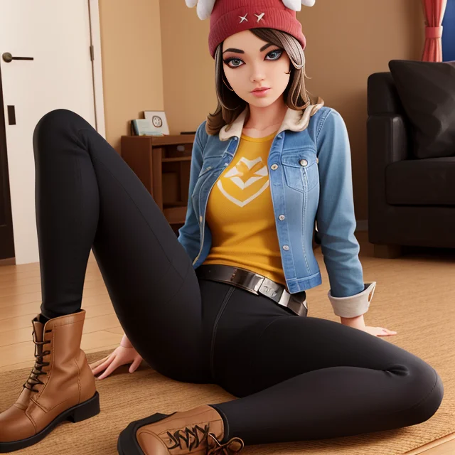 <lora:Skye_75Koto_DB:0.5>, xyzskye, yelllow shirt, jean jacket, red_headwear, brown_footwear, boots, (realistic:1.5), black_legwear, ((big eyes)), black leggings, belt, red beanie, 3d, cgi, render, octane render, alluring eyes