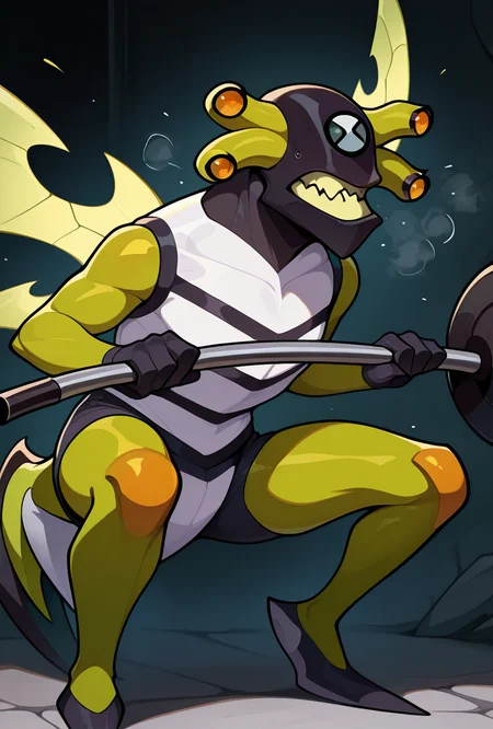 <lora:stinkfly-07:1> stinkfly, solo, no humans, monster, bug, yellow insect wings, pokemon (creature),black gloves, green arms , sharp teeth, green legs  antennae, tail    <lora:Barbell_Squat:1> barbell squat, sweat, shorts, masterpiece, best quality, amazing quality, very aesthetic, absurdres, newest,