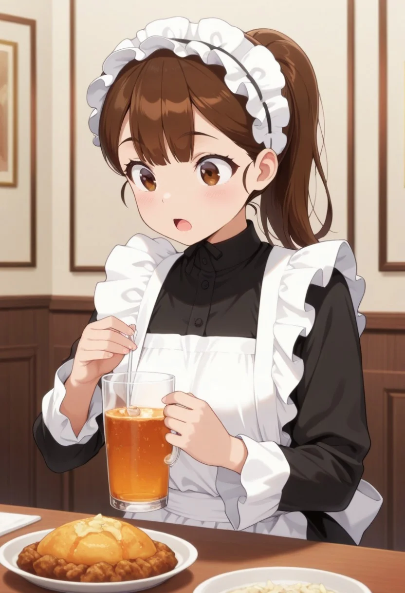 masterpiece,best quality,amazing quality, sylvia, brown hair, ponytail, brown eyes, 1girl, solo, maid, maid headdress, food, open mouth, drinking glass, cup, apron, maid apron