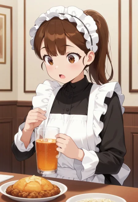 masterpiece,best quality,amazing quality, sylvia, brown hair, ponytail, brown eyes, 1girl, solo, maid, maid headdress, food, open mouth, drinking glass, cup, apron, maid apron