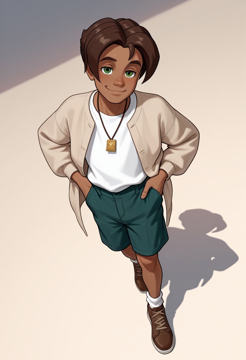 masterpiece, absurdres, high quality, perfect anatomy, 1boy, solo, cute boy, male focus, Presley, Dark Skin, Brown Hair, Green Eyes, Necklace, White Shirt, Tan Jacket, Green Shorts, Brown Shoes, smug smile, cinematic, intricately detailed illustration, depth of field, masterpiece, best quality, amazing quality, very aesthetic, absurdres, newest, very awa,  shadow, dynamic angle, casual cosplay, dynamic pose, simple background,
