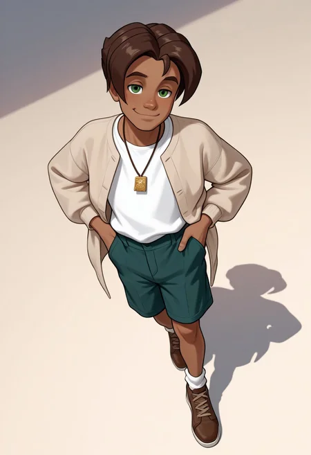 masterpiece, absurdres, high quality, perfect anatomy, 1boy, solo, cute boy, male focus, Presley, Dark Skin, Brown Hair, Green Eyes, Necklace, White Shirt, Tan Jacket, Green Shorts, Brown Shoes, smug smile, cinematic, intricately detailed illustration, depth of field, masterpiece, best quality, amazing quality, very aesthetic, absurdres, newest, very awa,  shadow, dynamic angle, casual cosplay, dynamic pose, simple background,