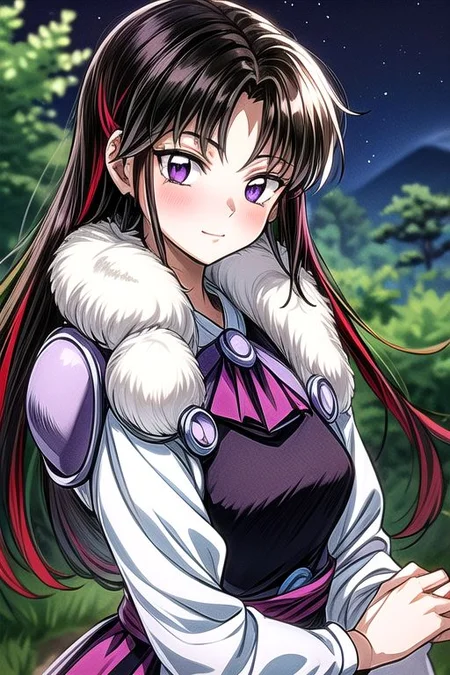 masterpiece, best quality 1girl Setsun4 solo long hair, (night time) forest background black hair very long hair purple eyes multicolored hair armor (fur trim) (medium body),<lora:EMS-179-EMS:0.800000>,<lora:EMS-293862-EMS:0.800000> bow, hair_bow, hair_tubes, red_bow, brown_hair, long_hair, bangs, ascot, frilled_bow, yellow_ascot, blush, smile, hair_between_eyes, athletic, armor, miko
