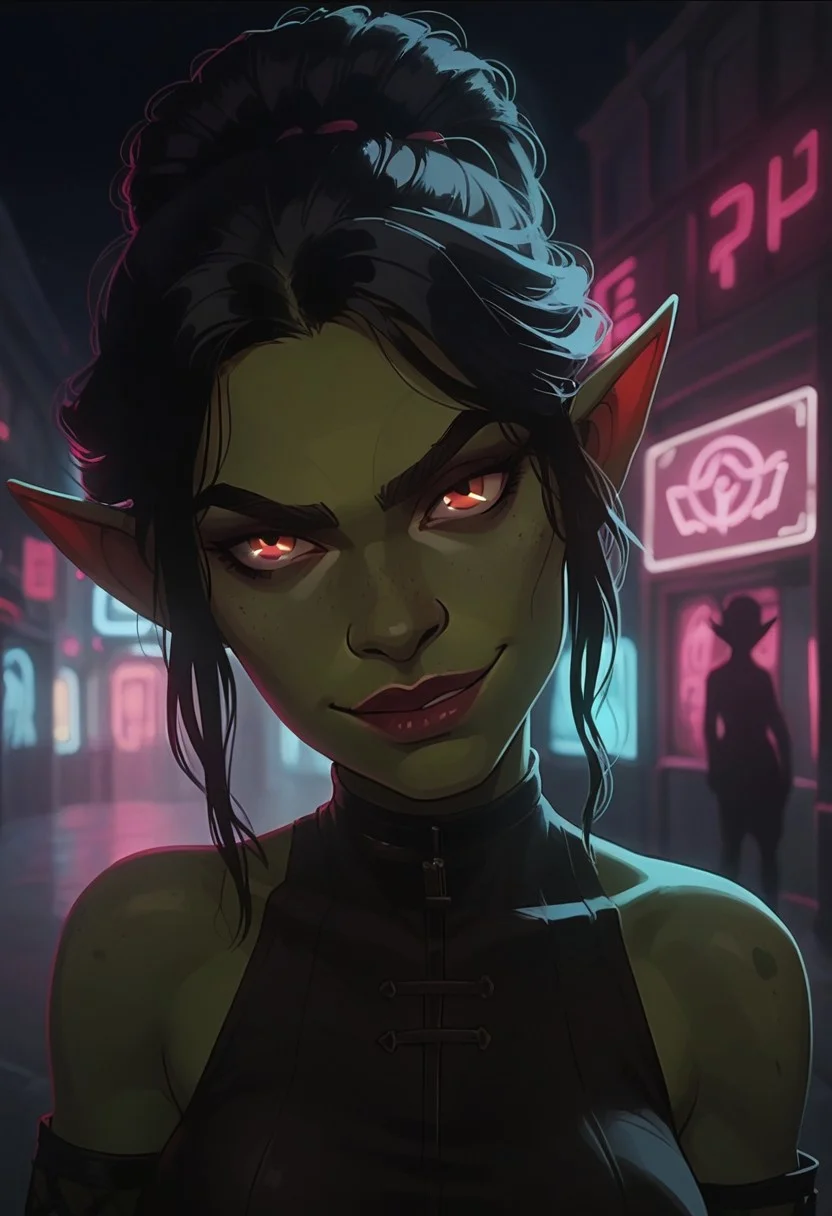score_9, score_8_up, score_7_up, score_6_up, aesthetic , thief, goblin, (green skin:1.3), outdoors, city street, night, neon signs, solo, dutch angle, g0thicPXL, (big lips:0.6), portrait, large breasts, smug, smirk, skinny, pov, (shortstack:0.6), updo hair