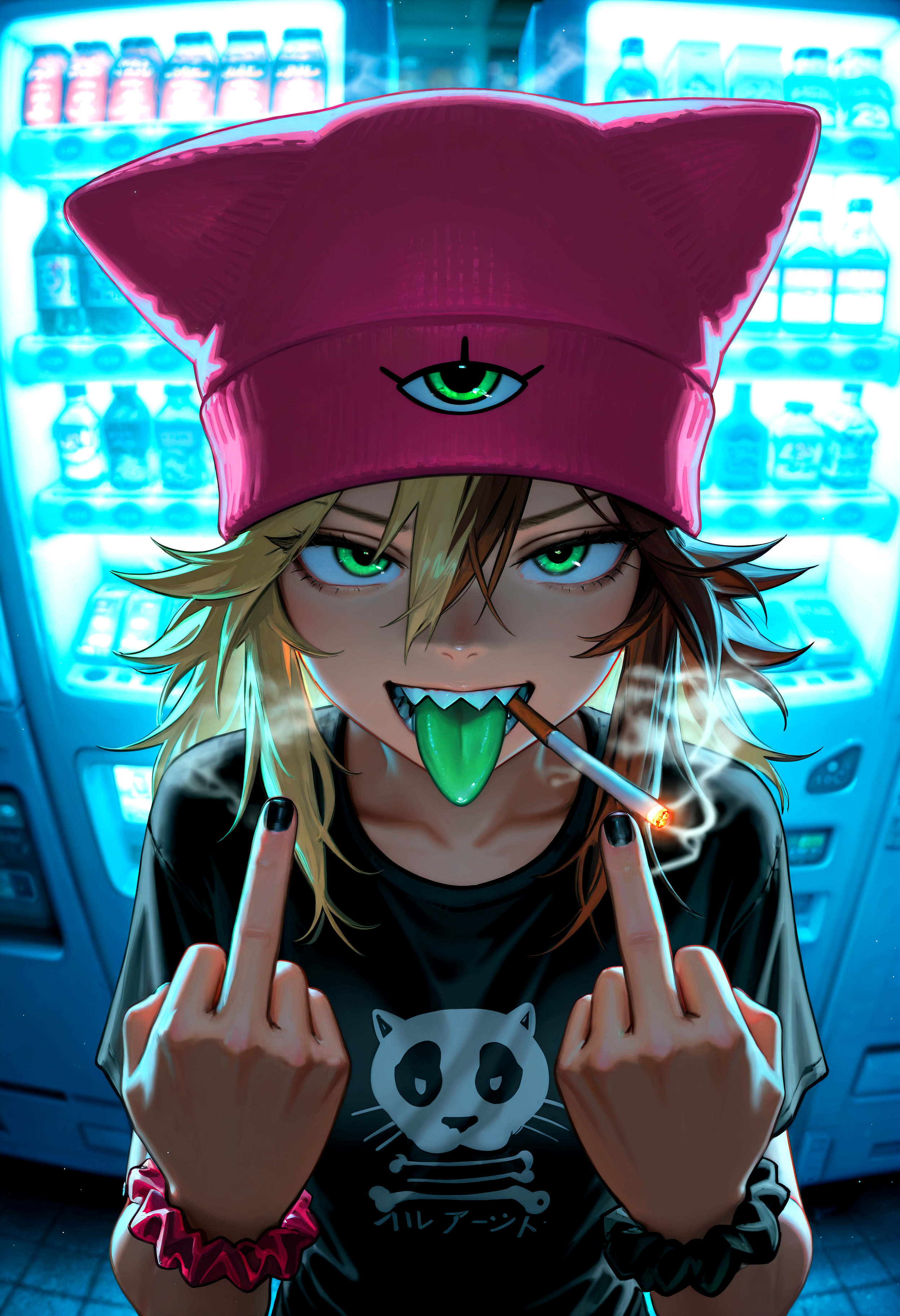 HDR, 8K, high contrast, masterpiece, best quality, amazing quality, very aesthetic, high resolution, ultra-detailed, absurdres, newest, scenery, (horikoshi kouhei:0.3), (quasarcake:0.3), (wlop:0.3), foreshortening, close up, solo, upper body, brokie-shteppi, 1girl, green eyes, sanpaku, blonde hair, brown hair, (multicolored hair), hair between eyes, sharp teeth, green tongue, tongue out, pink beanie, animal hat, piercing, t-shirt, black nail polish, wrist scrunchie, cigarette in mouth, open mouth, double middle finger, shop, vending machine, (bokeh:1.1), fog, smoke, BREAK, photorealistic, beautiful detailed eyes, detailed skin, detailed hair, volumetric lighting, dappled light, light particles, dramatic shadows, cinematic lighting, photo background, depth of field, <lora:IL\KMS_Brokie-Shteppi:0.8>