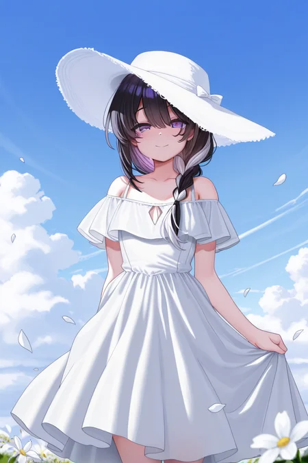 masterpiece, best quality, amazing quality,
 <lora:Hayama_IL:1> hayamasalt, 1girl, solo, dress, hat, purple eyes, white dress, smile, braid, petals, black hair, looking at viewer, sky, cloud, outdoors, long hair, multicolored hair, hair over shoulder
