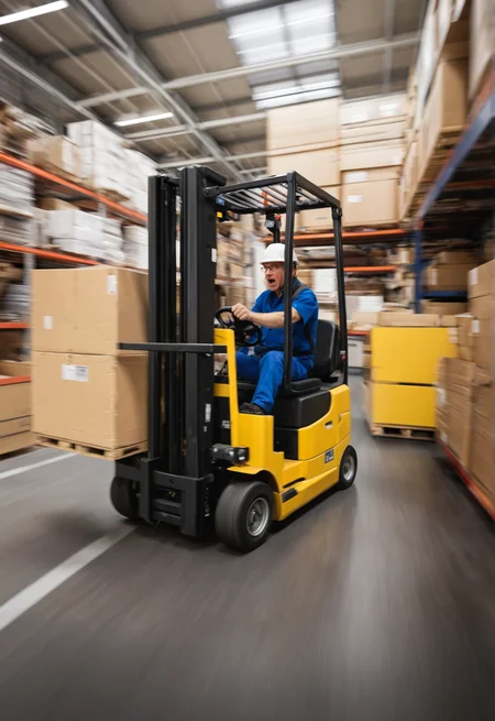 photo of a ikea worker driving a forklift in a warehouse. middle-aged man, reckless driving, drifting, racing, dynamic shot, motion blur