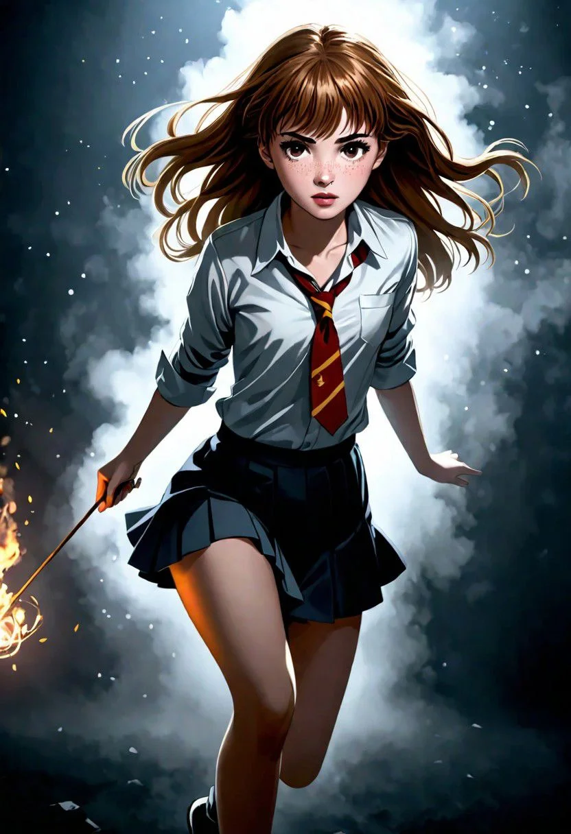 Hermione Granger, scared and alone, Sexy, 18 years old, cute, freckles, full lips, smooth skin, holding a wand, front facing, small breasts, cute face, full lips, freckles, sexy, shirt school skirt, white knickers, open white shirt, fighting a demon, dark atmosphere, beautiful, natural skin, NSFW, full body in view, portrait, high resolution image, volumetric fog, dramatic atmosphere, 82mm, cinematography, cinematic film, IMAX, 32k, UHD, HDR, low aperture (f1.2), cinematic color grade, dramatic lighting, award winning photography