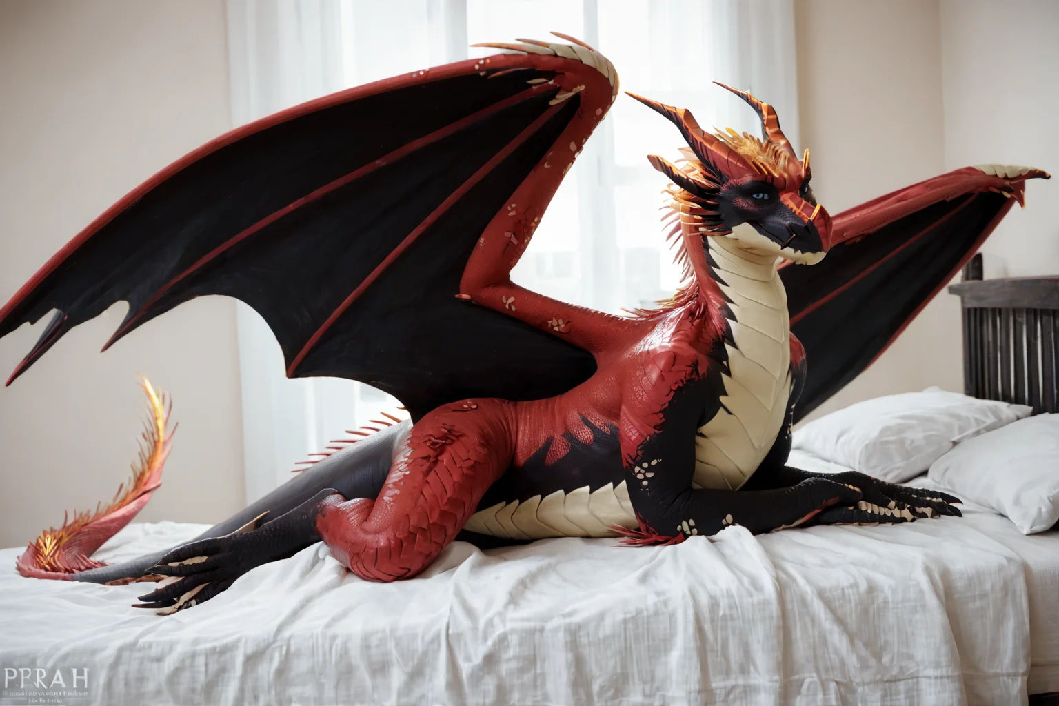 score_9, score_8_up, score_7_up, score_6_up, source_furry, masterpiece, high quality, realistic, photorealistic, detailed, best quality,
1girl, solo, bedroom, smiling, seductive, looking at viewer, lying on bed,
<lora:Pyrrah_pony_V1:0.8> pyrrah, dragon, horns, wings, tail, scales, scalie, red scales,black scales, black wings,