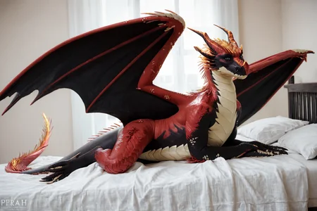score_9, score_8_up, score_7_up, score_6_up, source_furry, masterpiece, high quality, realistic, photorealistic, detailed, best quality,
1girl, solo, bedroom, smiling, seductive, looking at viewer, lying on bed,
<lora:Pyrrah_pony_V1:0.8> pyrrah, dragon, horns, wings, tail, scales, scalie, red scales,black scales, black wings,