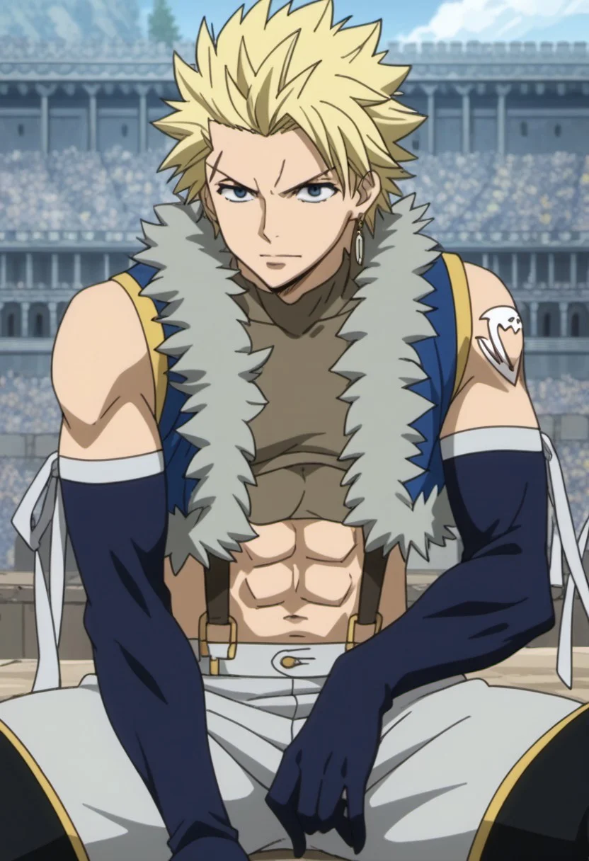 score_9, score_8_up, score_7_up, source_anime, rating_safe, StingFT, Sting blonde hair, light yellow Sting single earring, white ST tattoo, Sting scar, 1boy, male focus, anime screencap, blue-gold fur-trimmed Sting crop top vest, brown Sting crop top, blue Sting elbow gloves, grey Sting pants, grey Sting armband ribbon, brown-yellow Sting suspenders, black-yellow Sting thigh boots, cropped feet, sitting,