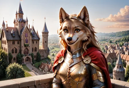 anthro female wolf, tufted fur, tufted ears, cheast tuft, fluffy canine tail, detailed fur, smile, long golden hair, canine teeth, medieval castle, jewely, golden fur, amber eyes, balcony, overview, medieval city, golden hairband, gold knight armor, sunset, summer, solo, red cape, fields,