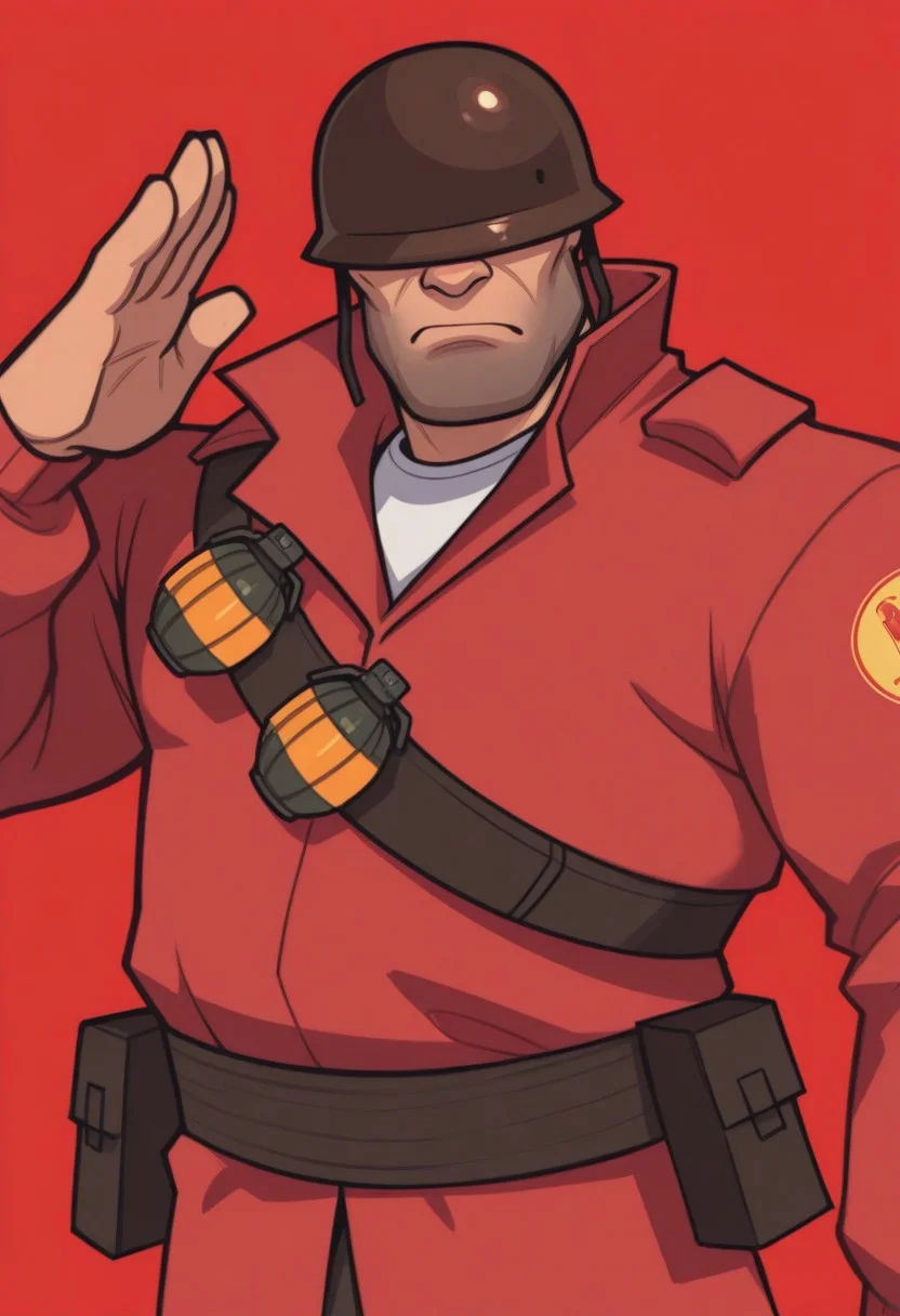 anime, rough sketch, sketchy lineart, black lineart, pencil drawing, sharp edges, masterpiece, best quality, detailed background, 8k, 1boy, man, solo, soldier (tf2), mature man, helmet, hidden eyes, white shirt, red coat, belt, belt pouch, grenades, grenade pouch, serious, saluting, chubby man, muscular man, cartoony proportions, half body, face focus, close up, face focus, turning to viewer, looking at viewer, dynamic pose, red background, white background