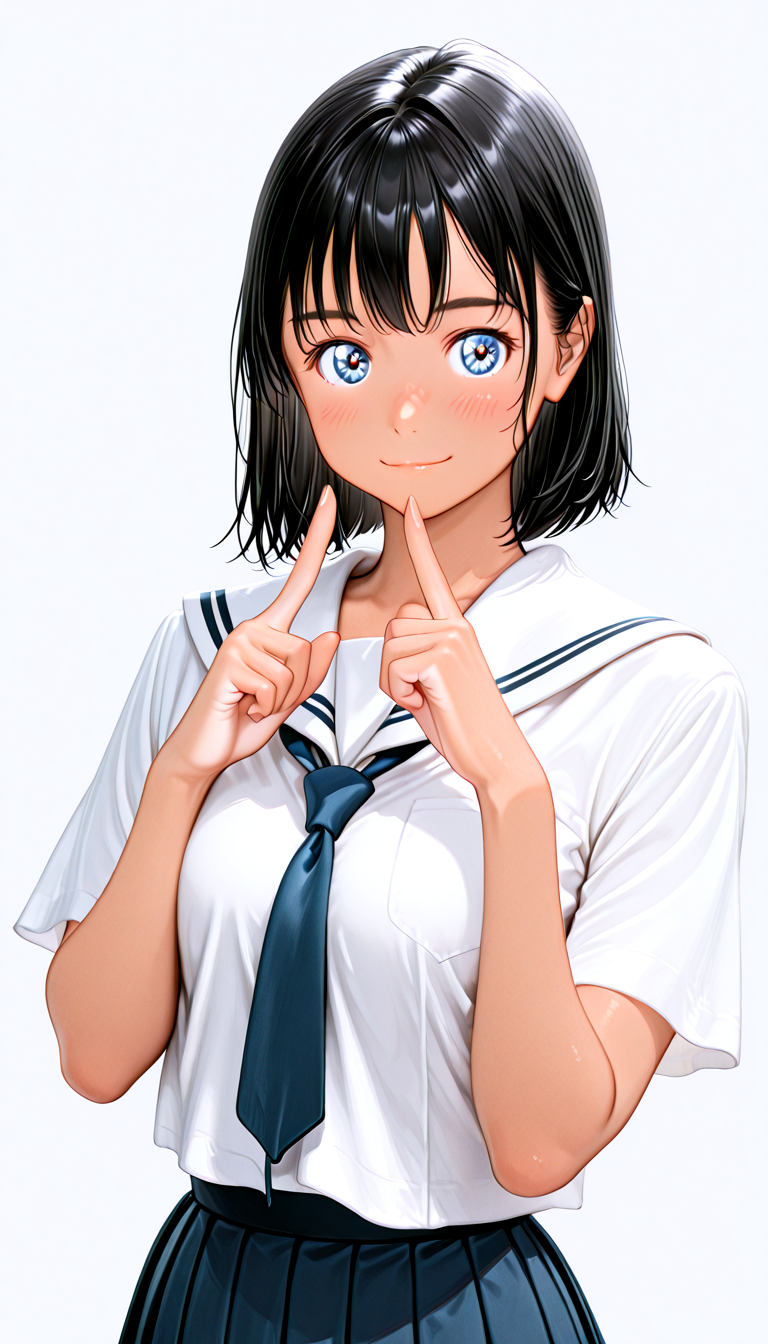 lazypos, masterpiece, best quality, amazing quality, very aesthetic, absurdres, newest,  ((ultra detailed hair:1.4)), ((ultra detailed eyes:1.4)),(Dynamic Angle)
BREAK
1girl,solo, m1o_manga, black hair, sun-kissed skin, tanlines
school uniform, shirt, serafuku, skirt, (Above-the-knee skirtt), Navy blue tie,
BREAK
blank background, direct shot ,blank pose ,standing ,neutral black expression, upper body
<lora:Mio_-_100percent_-_mangaSummer_Time_Rendering3-000012:1>kind smile
blush, smile,
index fingers raised