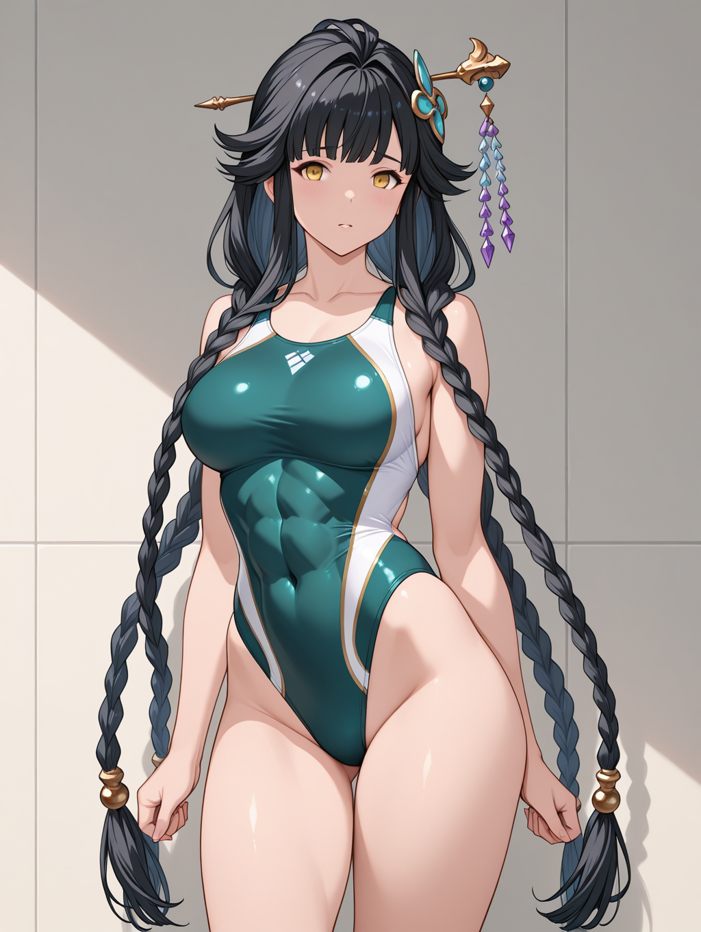 shura \(granblue fantasy\), 1girl, abs, black hair, blue one-piece swimsuit, braid, breasts, competition swimsuit, contemporary, covered navel, cowboy shot, green one-piece swimsuit, groin, hair ornament, hairpin, highleg, highleg one-piece swimsuit, long hair, one-piece swimsuit, solo, swimsuit, thighs, tri braids, tri tails, two-tone swimsuit, yellow eyes, masterpiece, best quality