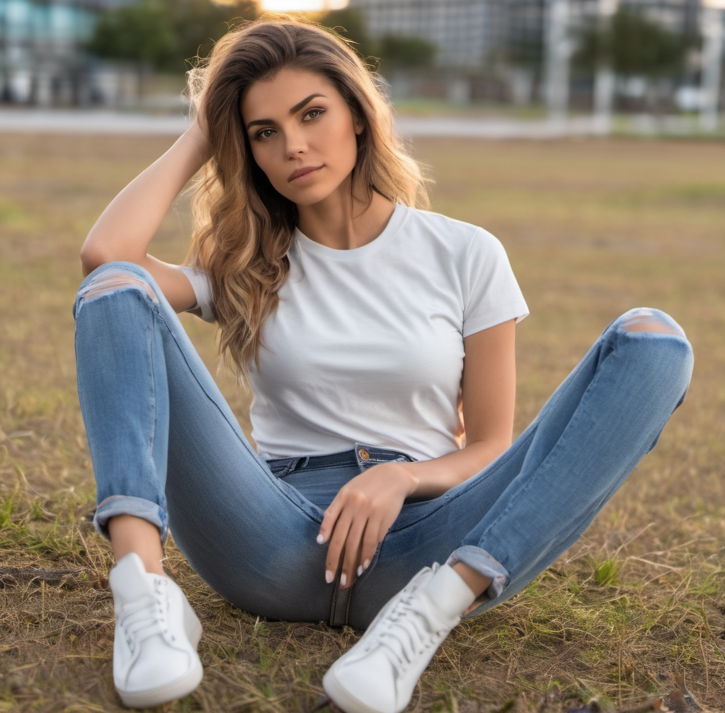 beautiful woman wearing jeans and a ((t-shirt)), sitting on the ground feet apart   <lora:woman_feet_apart:1>, hi detail, sharp focus, perfect lighting, awesome, dslr, 4k high quality. extra detail, extra sharp, magical, perfect moment, natural skin, pores