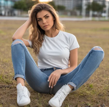 beautiful woman wearing jeans and a ((t-shirt)), sitting on the ground feet apart <lora:woman_feet_apart:1>, hi detail, sharp focus, perfect lighting, awesome, dslr, 4k high quality. extra detail, extra sharp, magical, perfect moment, natural skin, pores