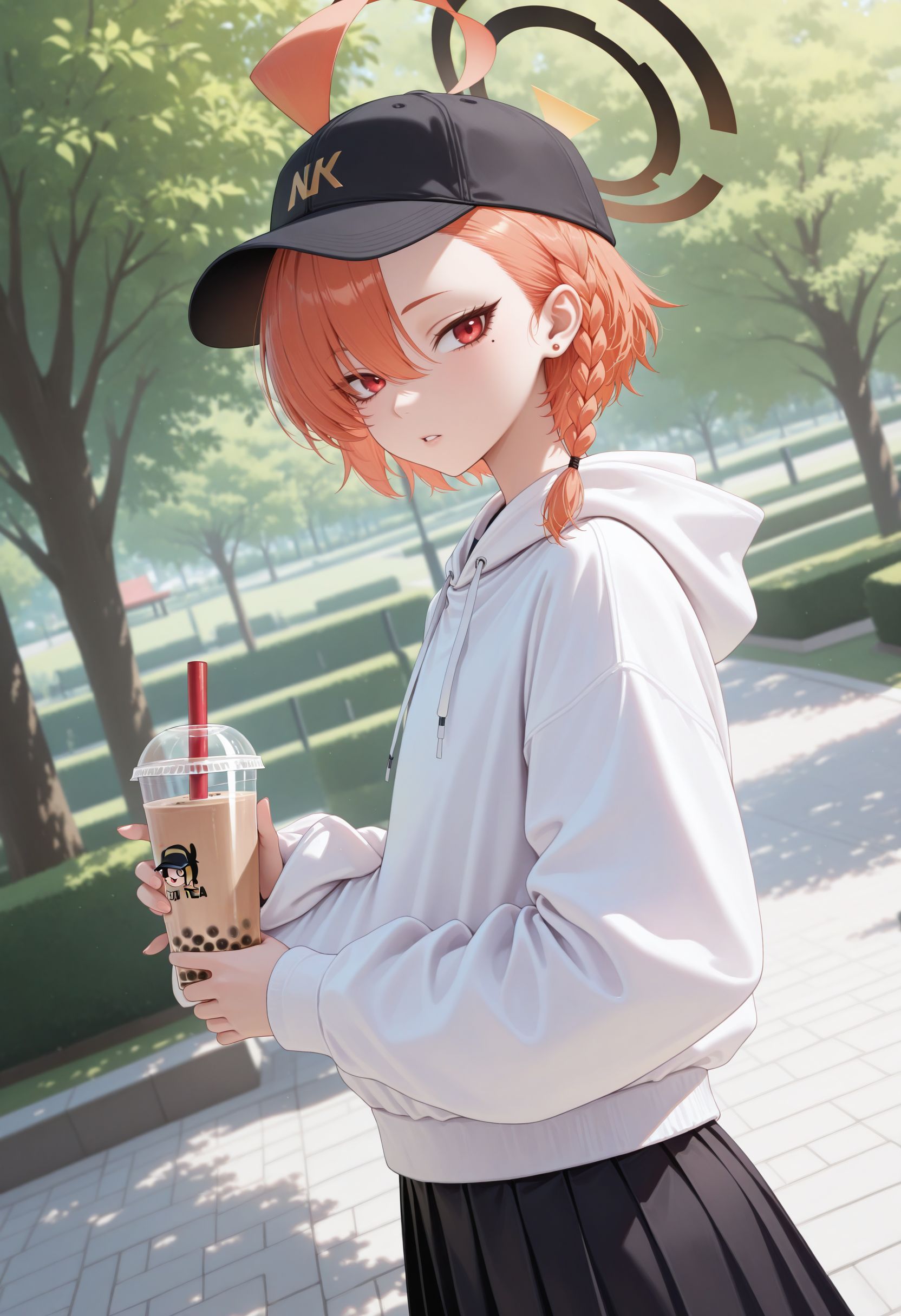 masterpiece, best quality, newest, very awa, looking at viewer,
 <lora:Neru illu:1> 1girl, halo, mole under eye, red eyes, orange hair, single braid, ahoge, short hair, huge ahoge, asymmetrical bangs
baseball cap, black cap, white hoodie, hood down, long sleeves, black skirt, holding bubble tea, outdoors, park, dutch angle, looking to the side, parted lips